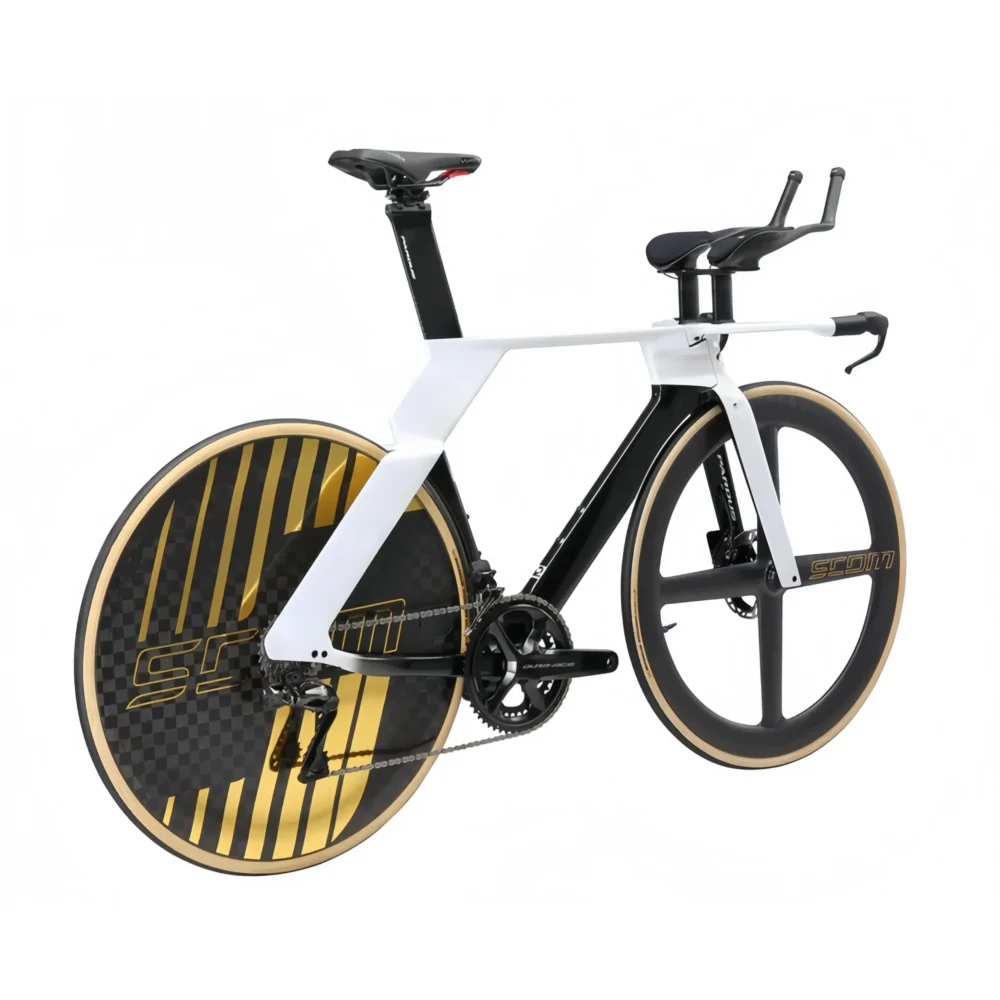Aerodynamic Road Bike - Tri-Spoke Front Wheel | Enclosed Rear Wheel | Black White Gold Accent
