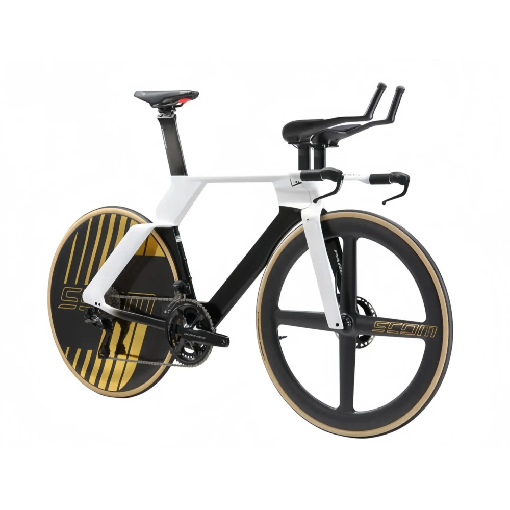 Aerodynamic Road Bike - Tri-Spoke Front Wheel | Enclosed Rear Wheel | Black White Gold Accent