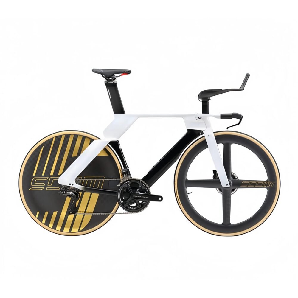 Aerodynamic Road Bike - Tri-Spoke Front Wheel | Enclosed Rear Wheel | Black White Gold Accent