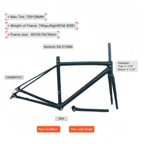 TCF218-5 Thru-axle Disc Brake 680g Supperlight Carbon Fiber Road Frame