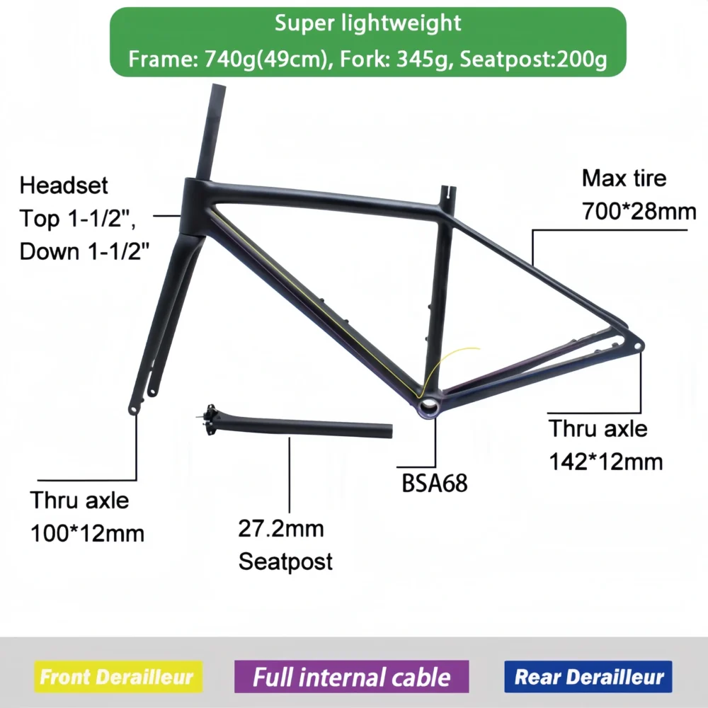 TCF218-6 Thru-axle Disc Brake 680g Supperlight Carbon Fiber Road Frame