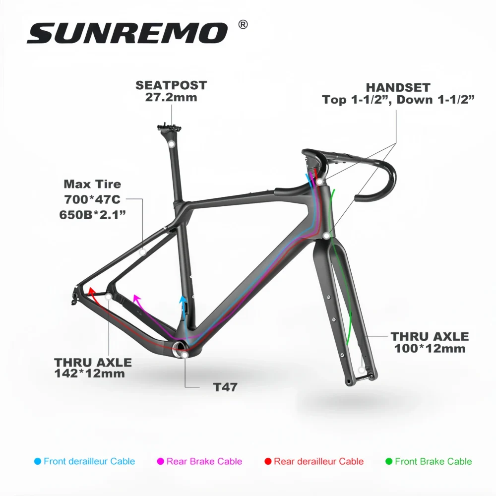 T1000 Carbon Gravel Bike Frame 700x47C Disc Brake T47 Comfortable Geometry Full Carbon Adventure Gravel Bicycle Frameset