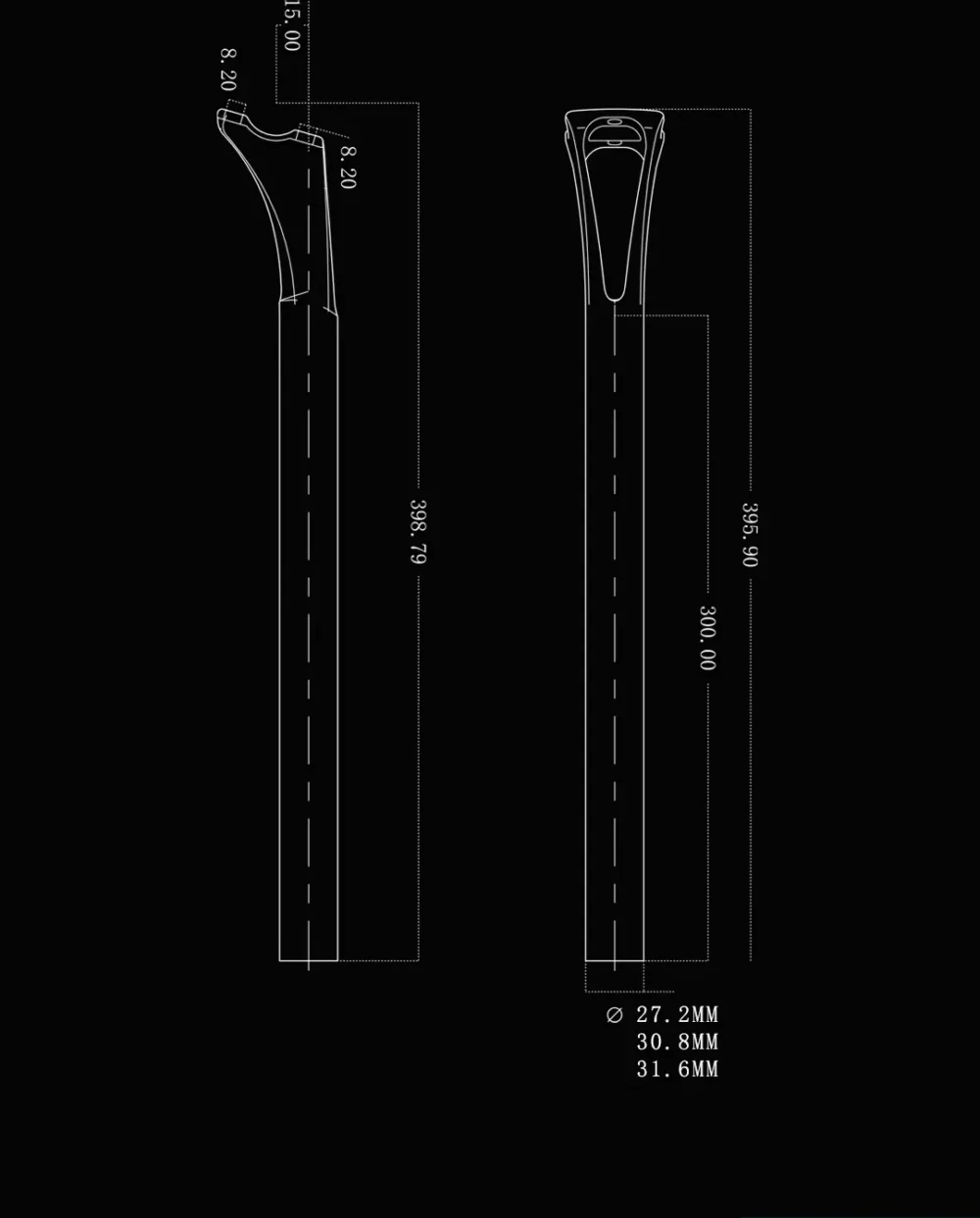 Carbon fiber aero seatpost, available in 27.2mm, 30.8mm, and 31.6mm diameters, suitable for road and mountain bikes