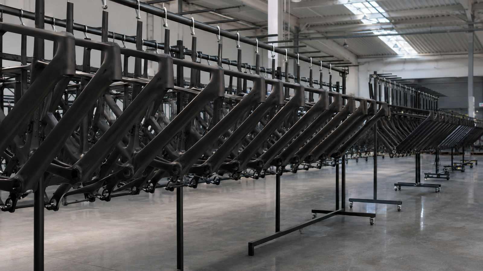 Bicycle frames in an industrial showroom