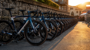 Bikes lined up at sunrise event
