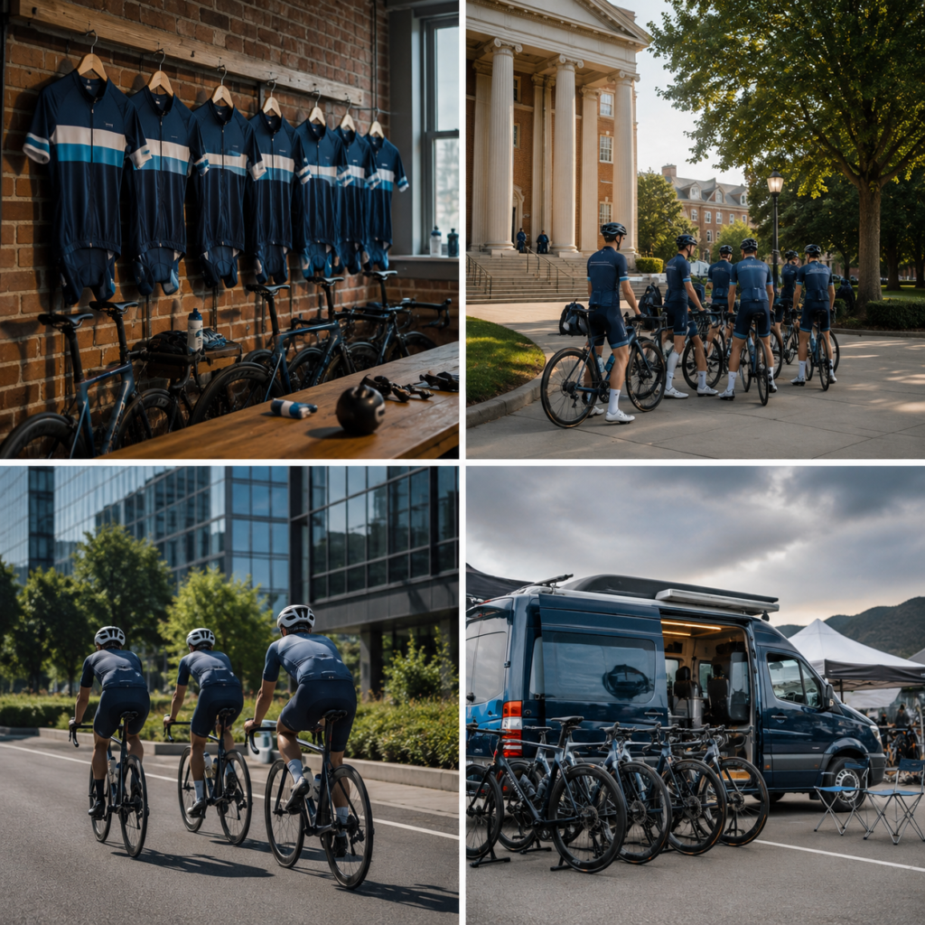 Cycling team lifestyle in four scenes
