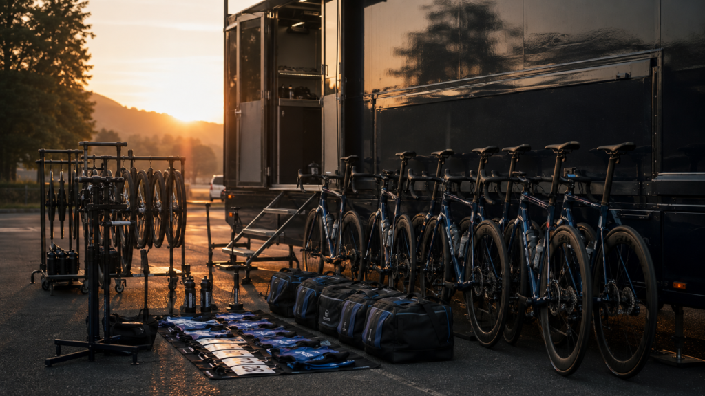 Cycling team setup at sunrise