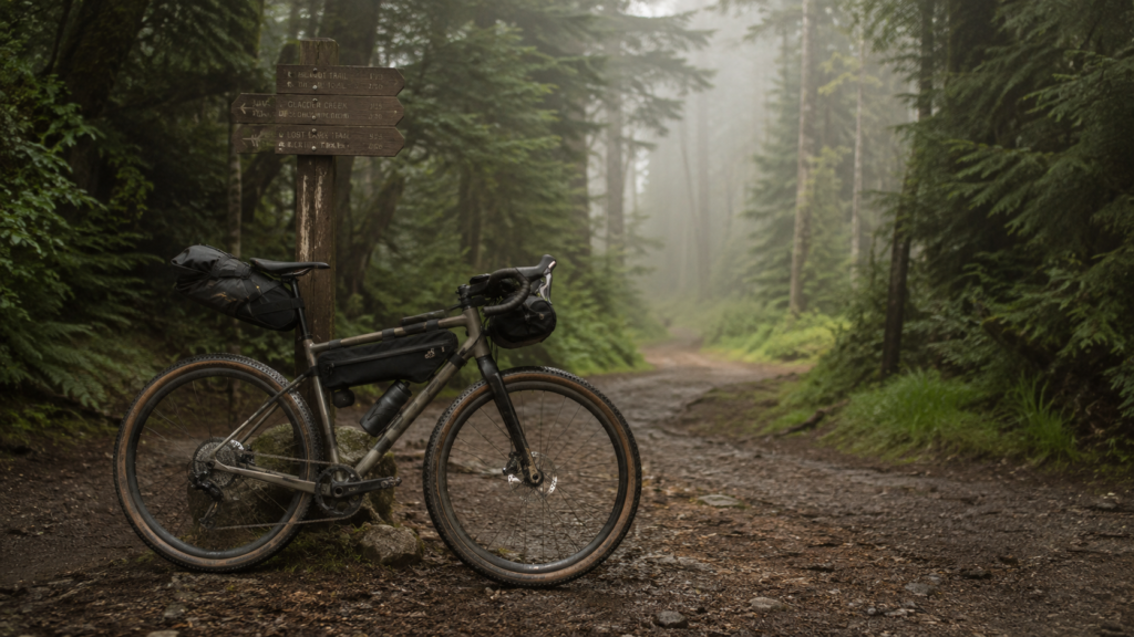 Misty forest trail with bike and sign