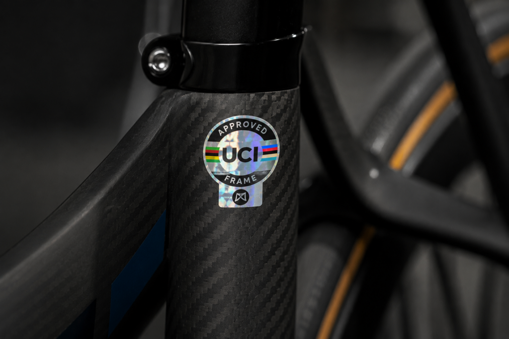 UCI certified carbon bike frame close-up