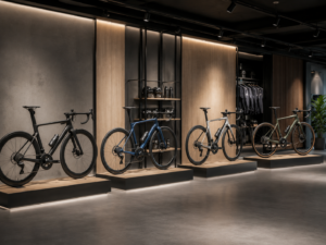 A bike shop showroom with four unbranded carbon road bikes