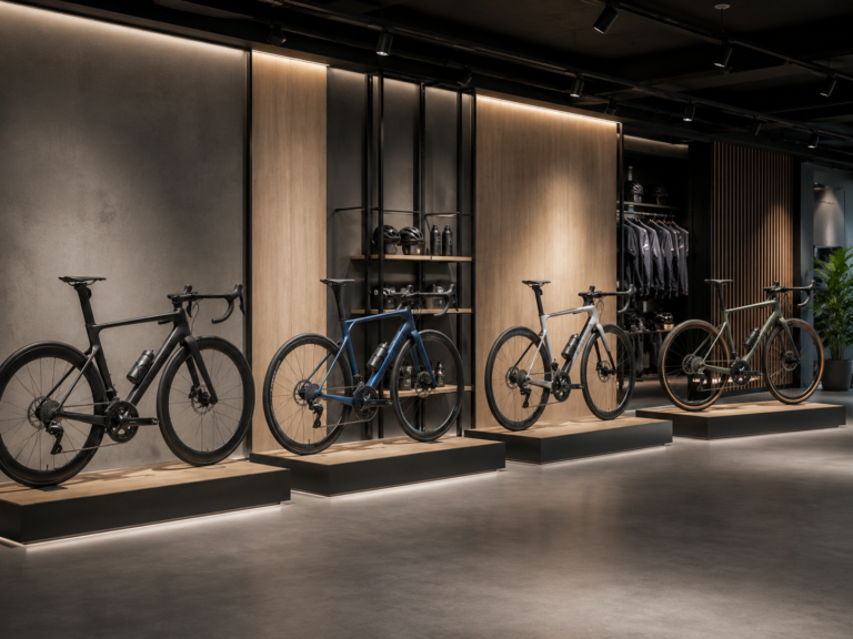 A bike shop showroom with four unbranded carbon road bikes