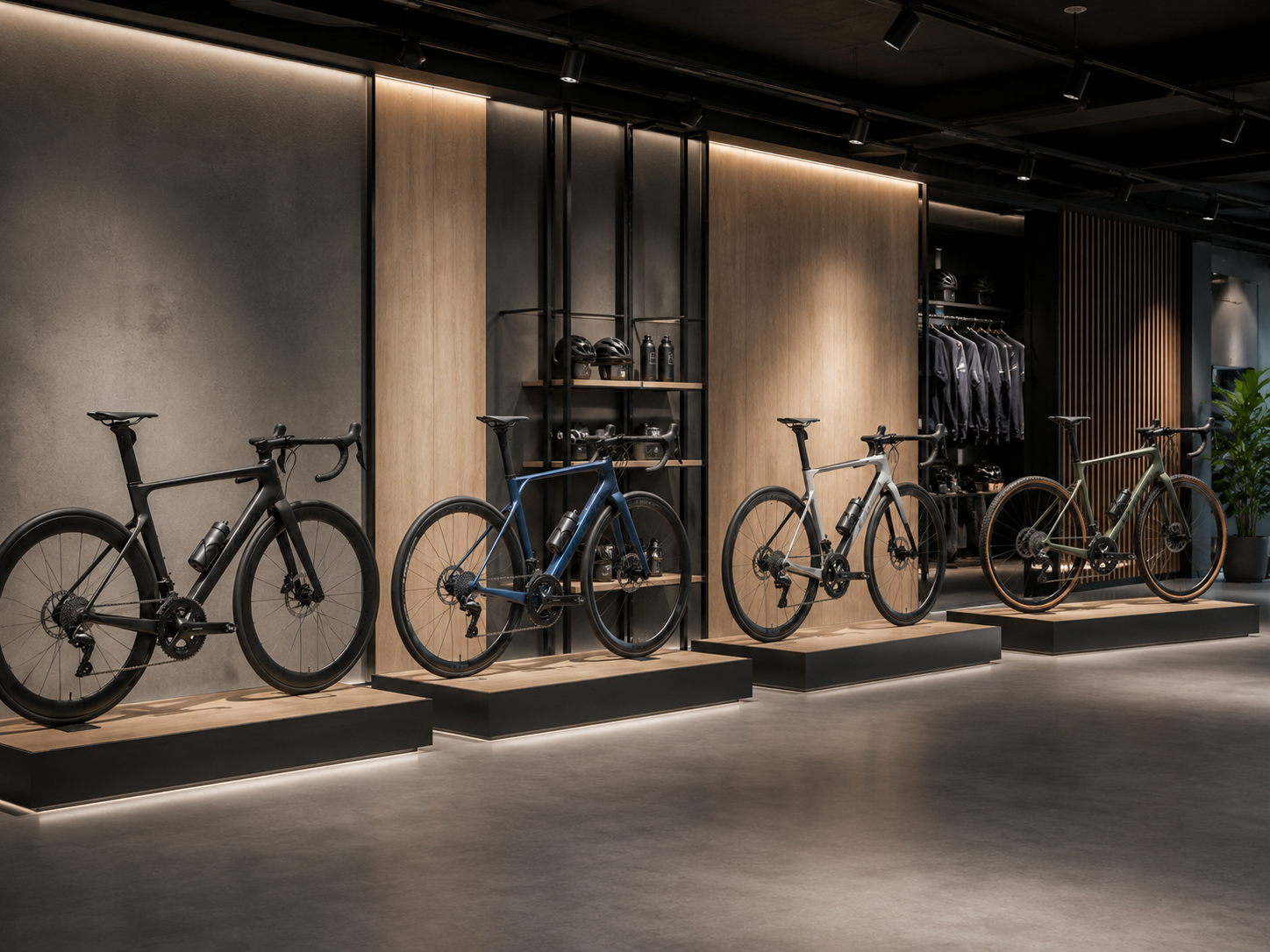 A bike shop showroom with four unbranded carbon road bikes