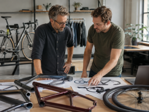 A modern bike shop owner and distributor reviewing a carbon road bike