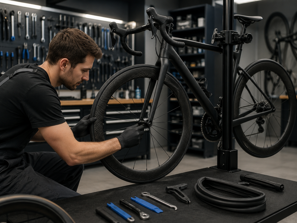Bike mechanic at work in garage