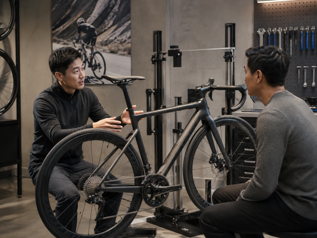 Bike shop salesperson discussing a carbon road bike with a customer