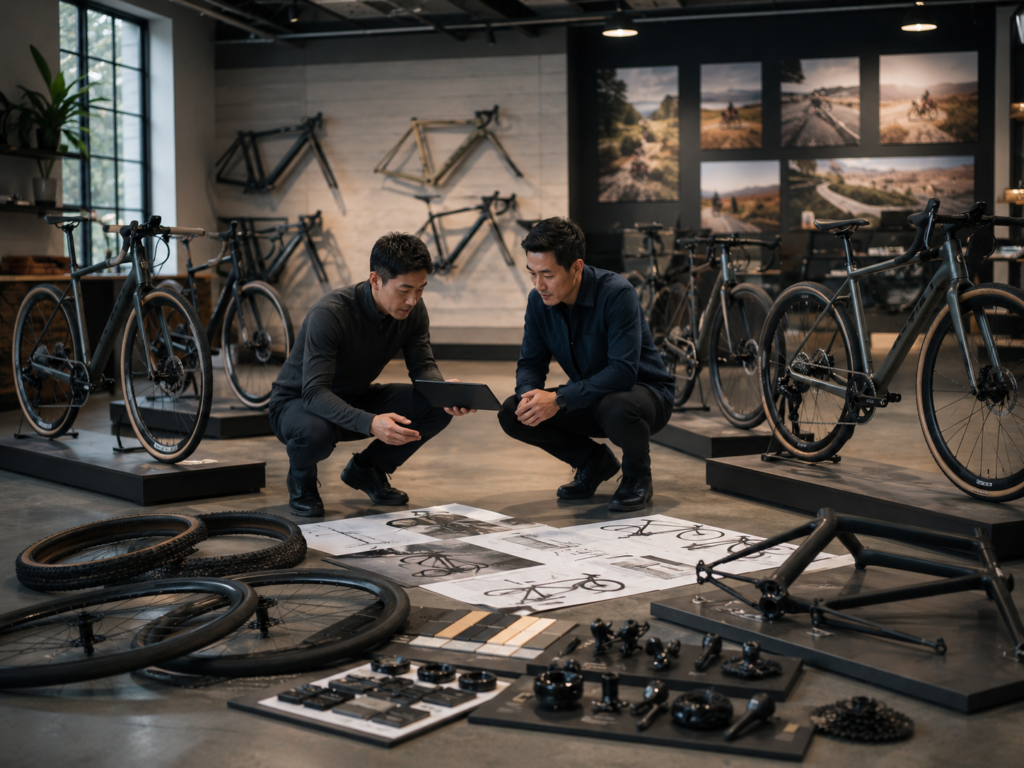 Discussion scene in bicycle design studio