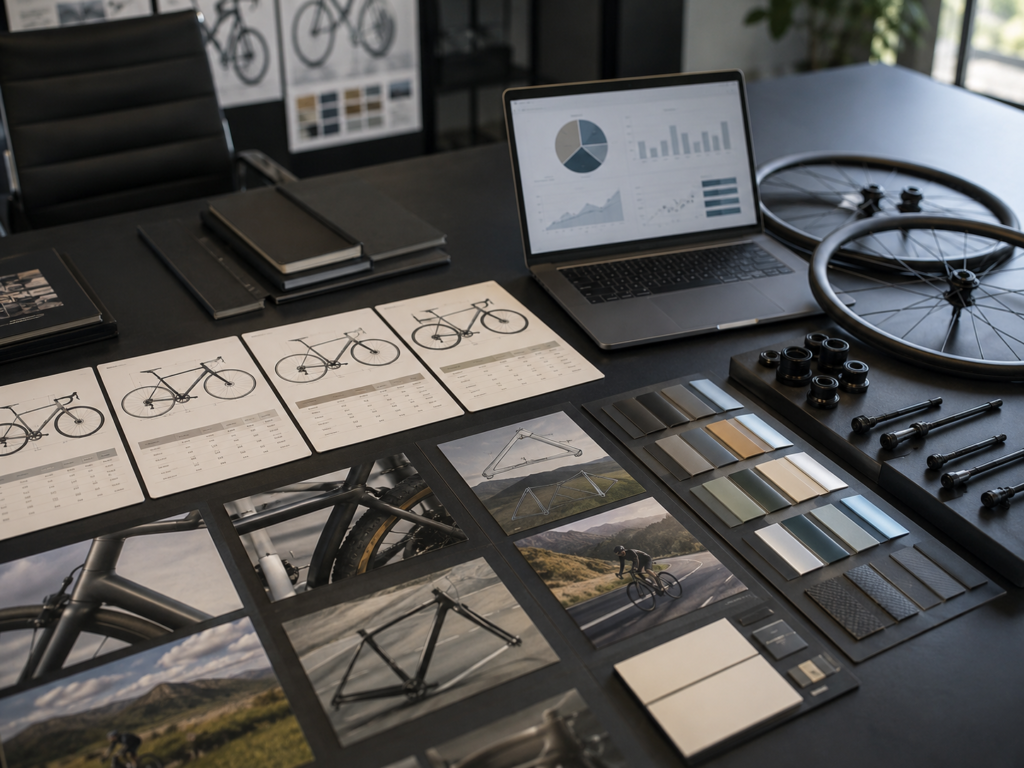 Editorial product planning table with road bike geometry cards