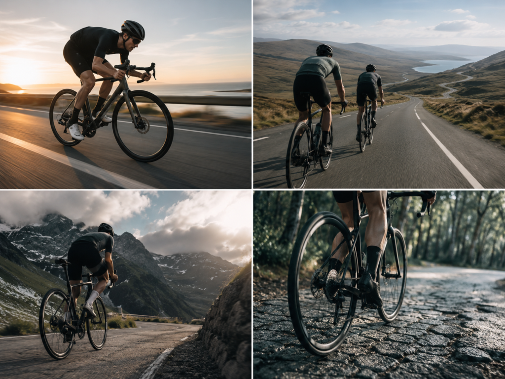 Four-panel cinematic cycling scene