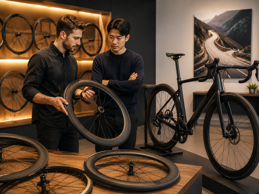 Modern bike shop showroom in focus