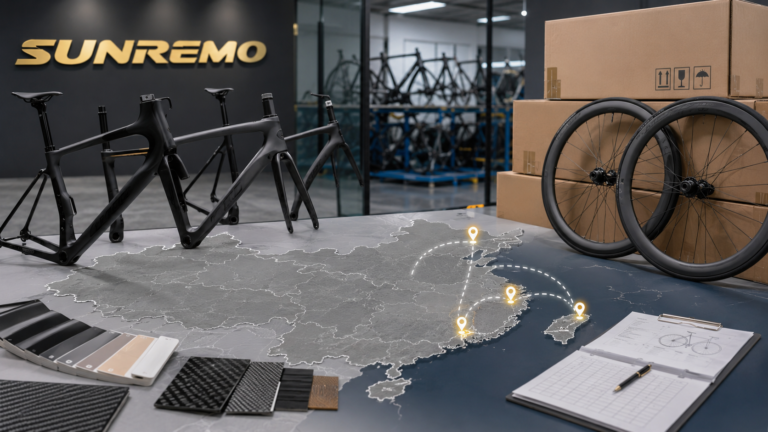 China bicycle manufacturing region planning with bike frames, wheels and export materials