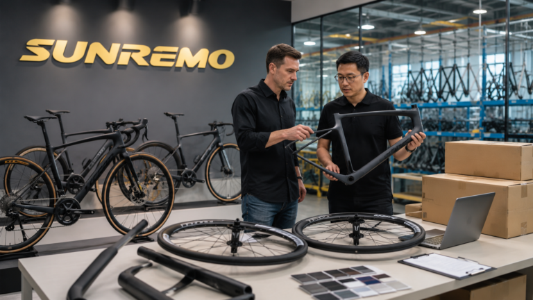 `B2B buyers reviewing bicycle manufacturing options in China with frames, bikes and wheelsets