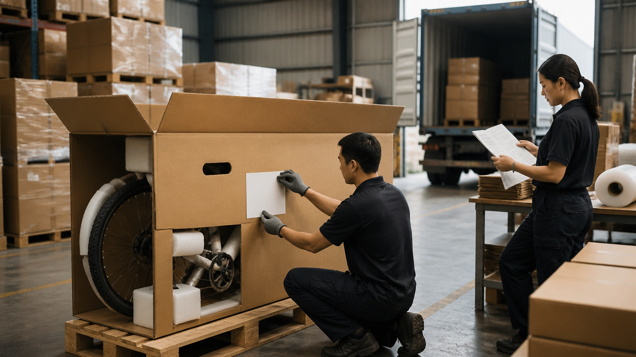 Bicycle OEM export packaging coordination with carton labels and shipping documents